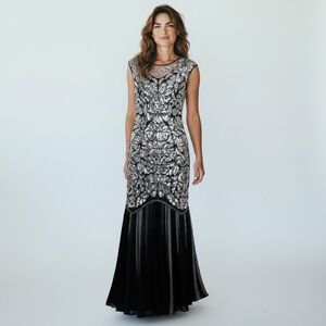 Pretty Guide Beaded and Sequin Silver Formal  Long Cocktail Party Dress size L